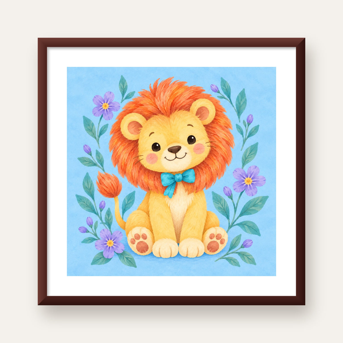 Suluboya Sevimli Aslan Poster – Çiçekli Çocuk Odası Tablosu — ceviz çerçeveli paspartulu