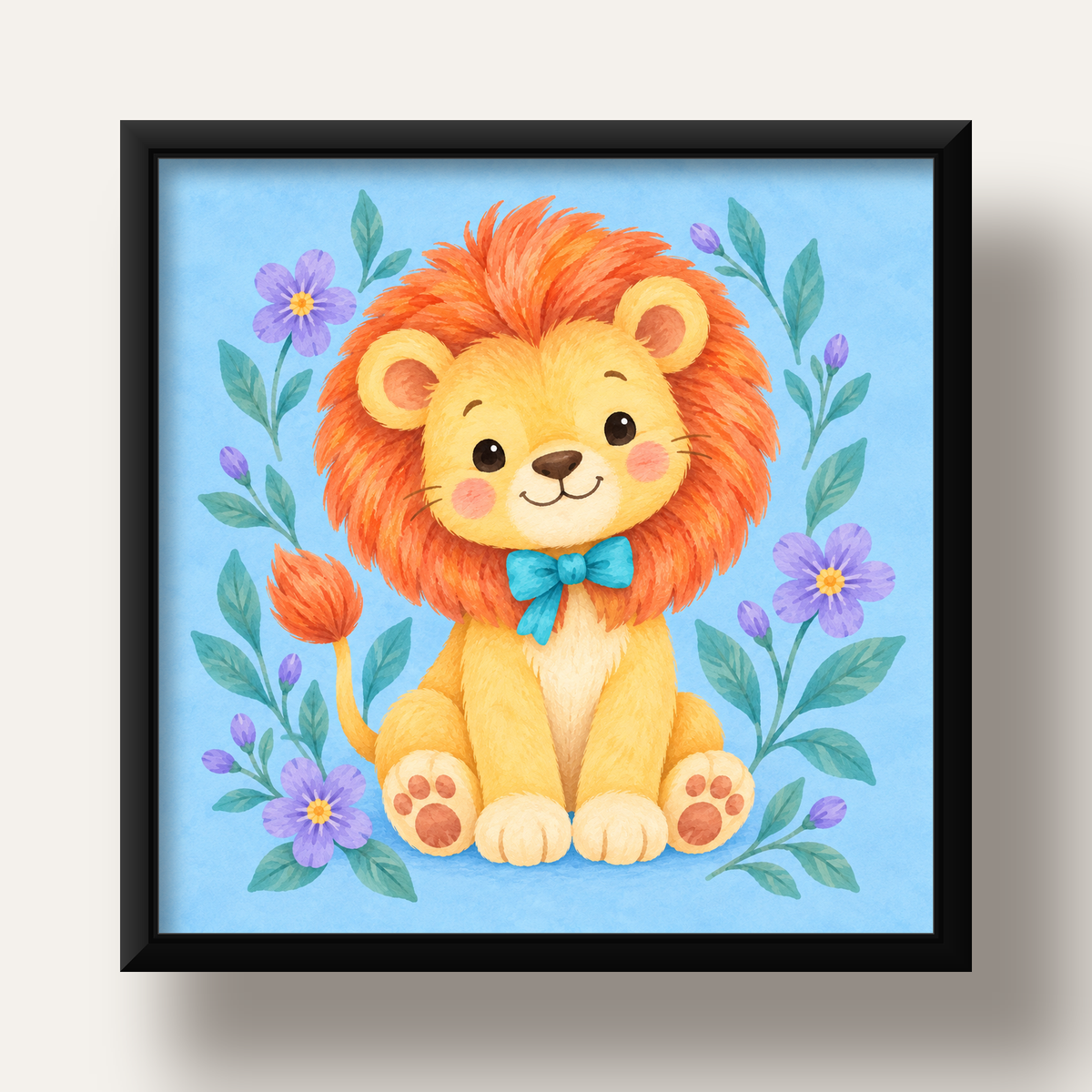 Suluboya Sevimli Aslan Poster – Çiçekli Çocuk Odası Tablosu — siyah derin çerçeveli
