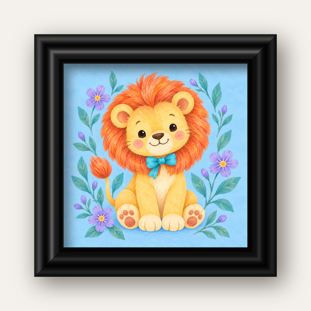 Suluboya Sevimli Aslan Poster – Çiçekli Çocuk Odası Tablosu — siyah galeri çerçeveli