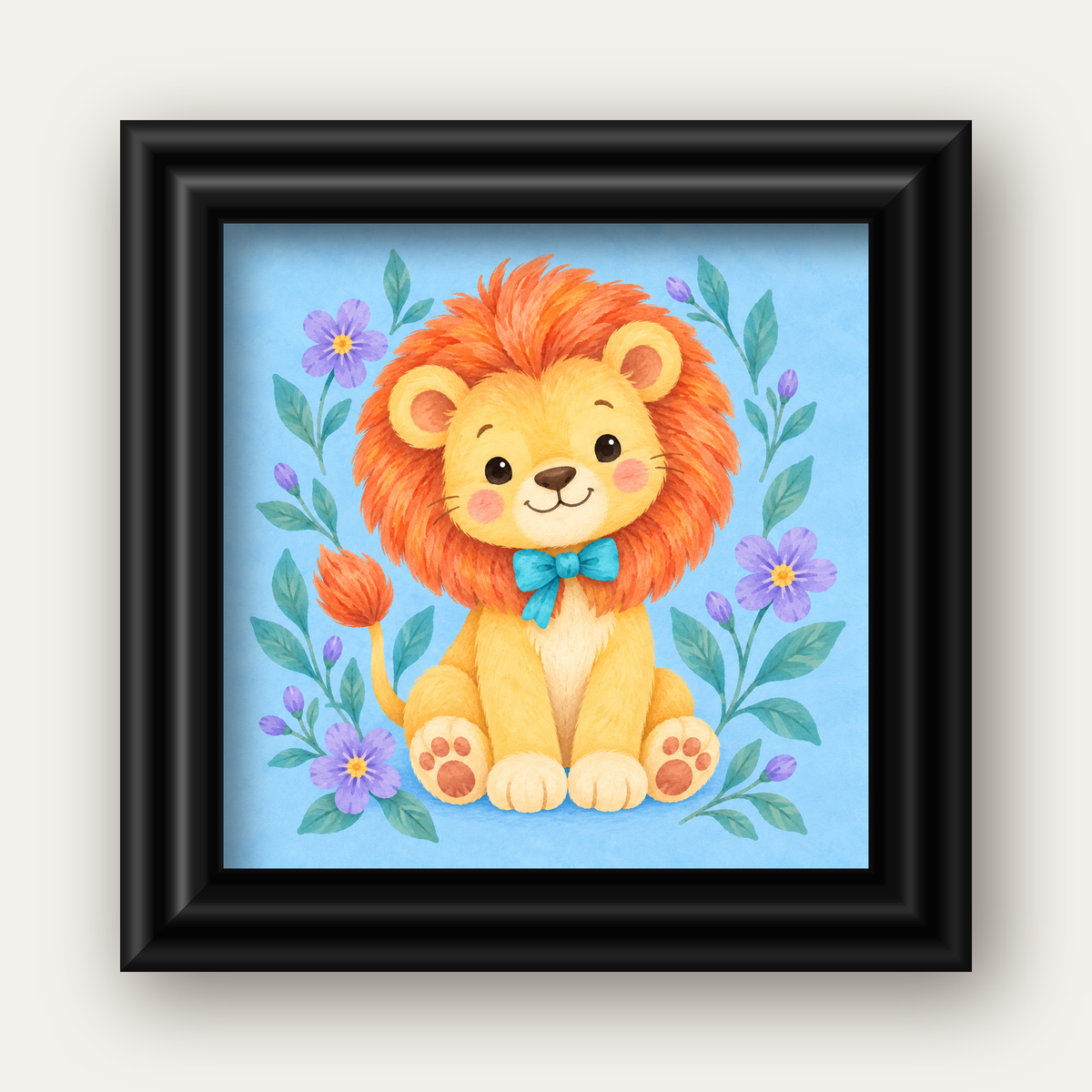 Suluboya Sevimli Aslan Poster – Çiçekli Çocuk Odası Tablosu — siyah galeri çerçeveli