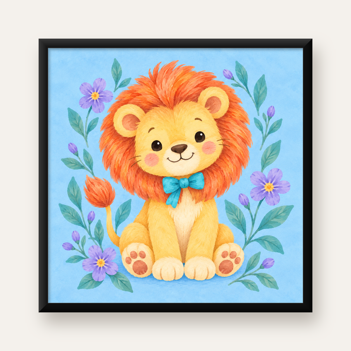 Suluboya Sevimli Aslan Poster – Çiçekli Çocuk Odası Tablosu — Kare baskı, düz siyah çerçeveli duvar posteri