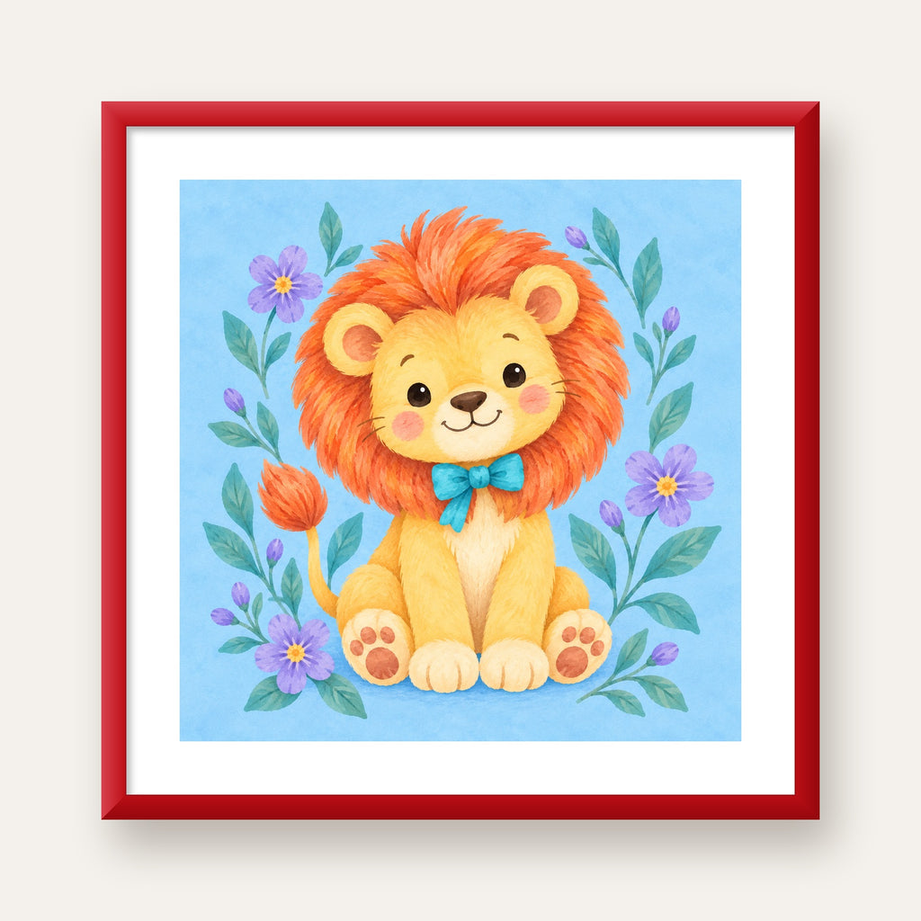 Suluboya Sevimli Aslan Poster – Çiçekli Çocuk Odası Tablosu — kırmızı çerçeveli paspartulu