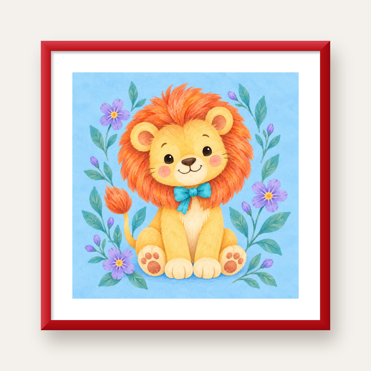 Suluboya Sevimli Aslan Poster – Çiçekli Çocuk Odası Tablosu — kırmızı çerçeveli paspartulu