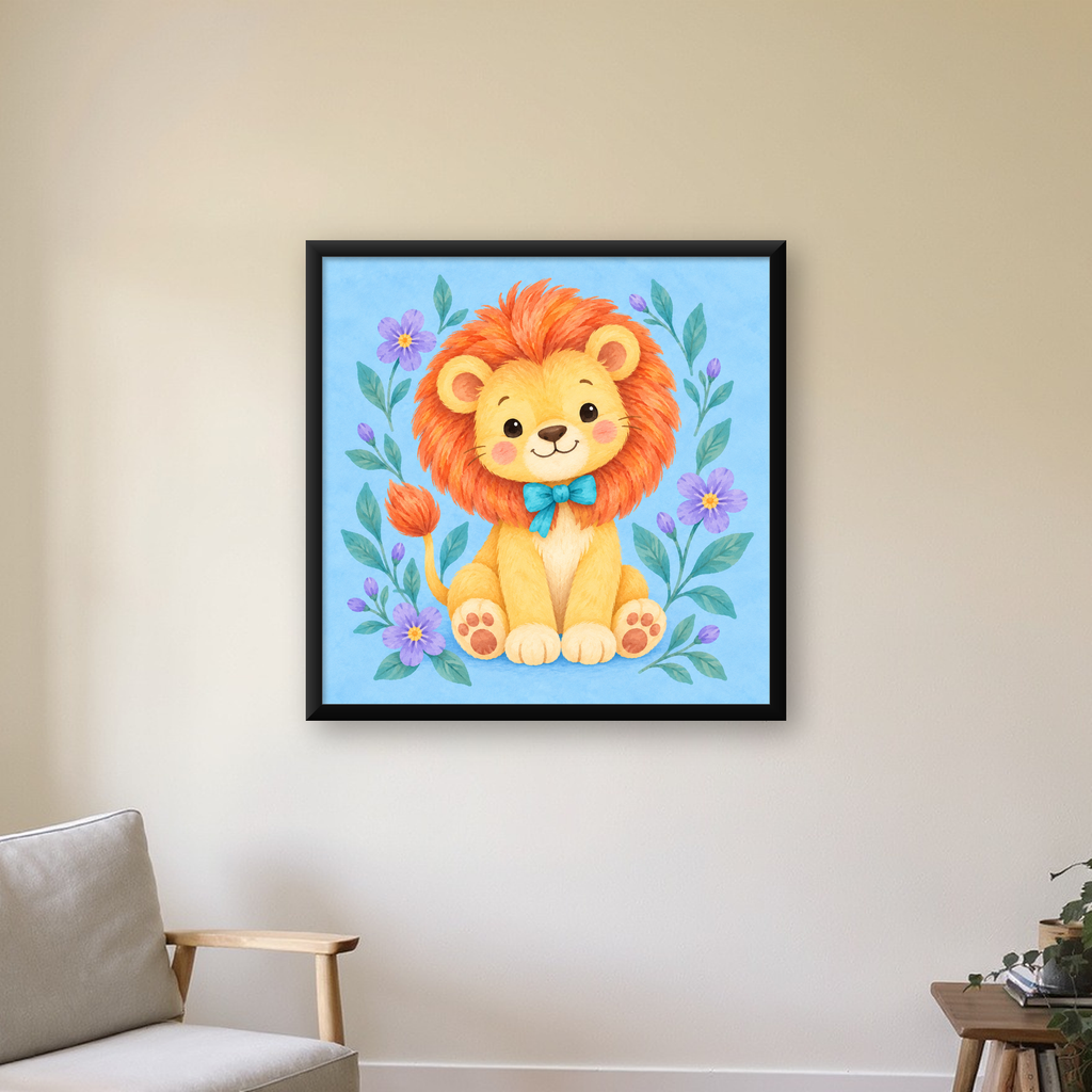 Suluboya Sevimli Aslan Poster – Çiçekli Çocuk Odası Tablosu — Kare baskı, çerçeveli hâliyle bir ev duvarında