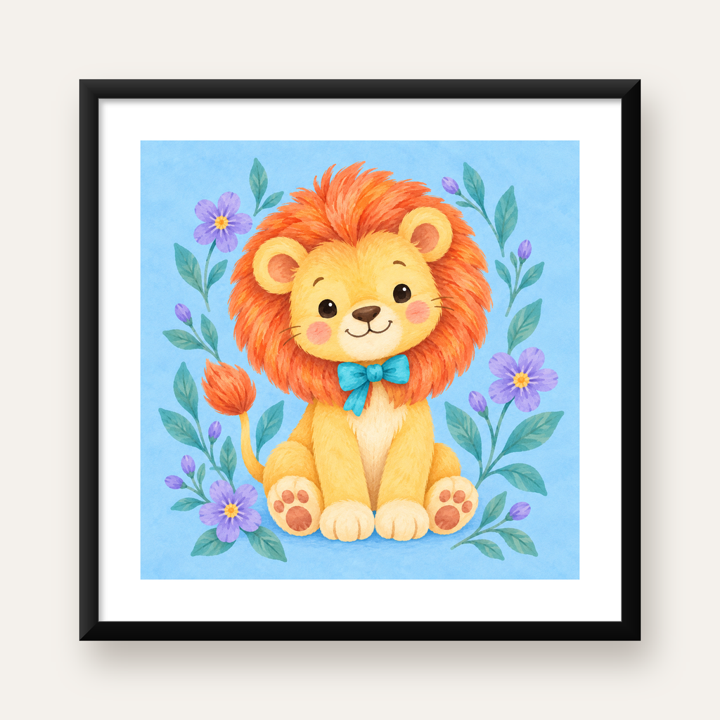 Suluboya Sevimli Aslan Poster – Çiçekli Çocuk Odası Tablosu — Kare baskı, beyaz paspartulu