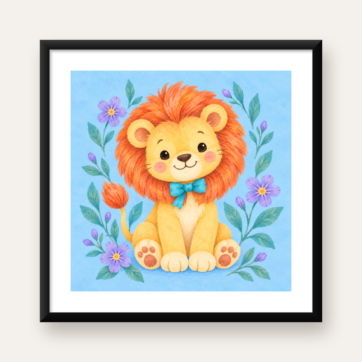 Suluboya Sevimli Aslan Poster – Çiçekli Çocuk Odası Tablosu — Kare baskı, beyaz paspartulu
