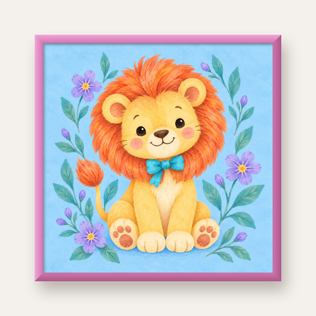 Suluboya Sevimli Aslan Poster – Çiçekli Çocuk Odası Tablosu — pembe çerçeveli