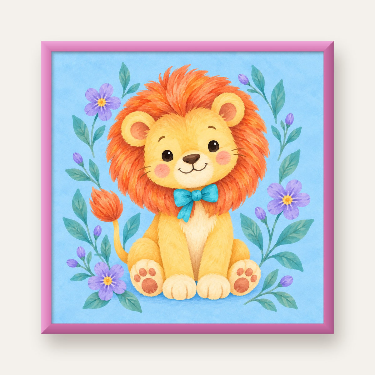 Suluboya Sevimli Aslan Poster – Çiçekli Çocuk Odası Tablosu — pembe çerçeveli