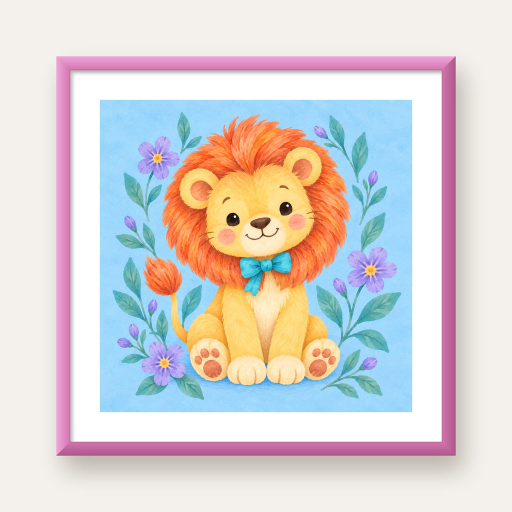 Suluboya Sevimli Aslan Poster – Çiçekli Çocuk Odası Tablosu — pembe çerçeveli paspartulu