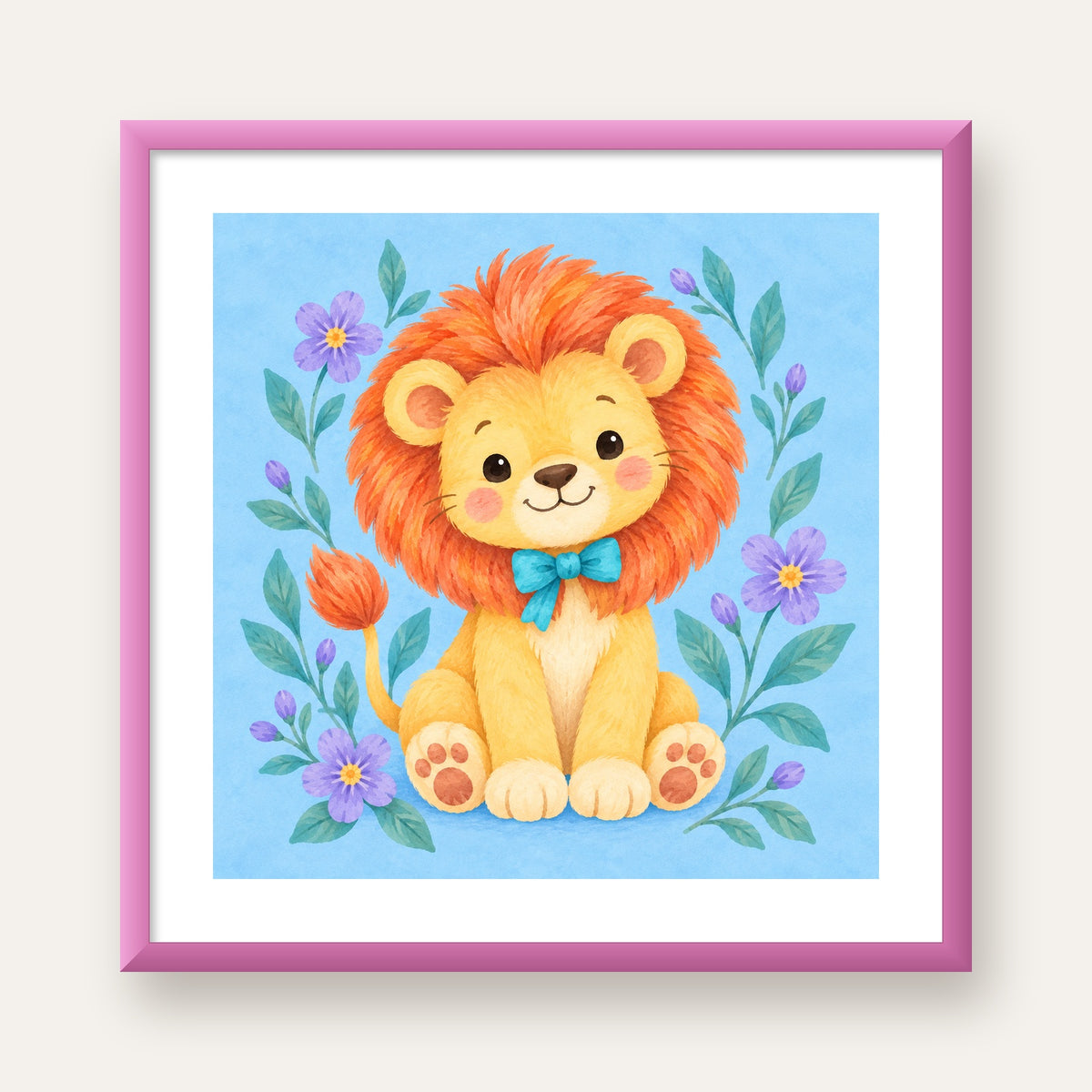 Suluboya Sevimli Aslan Poster – Çiçekli Çocuk Odası Tablosu — pembe çerçeveli paspartulu