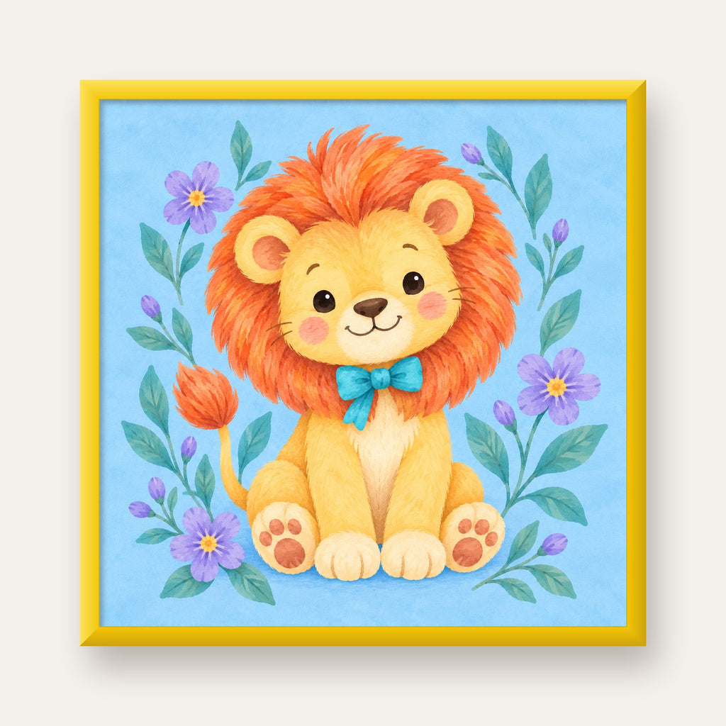 Suluboya Sevimli Aslan Poster – Çiçekli Çocuk Odası Tablosu — sarı çerçeveli