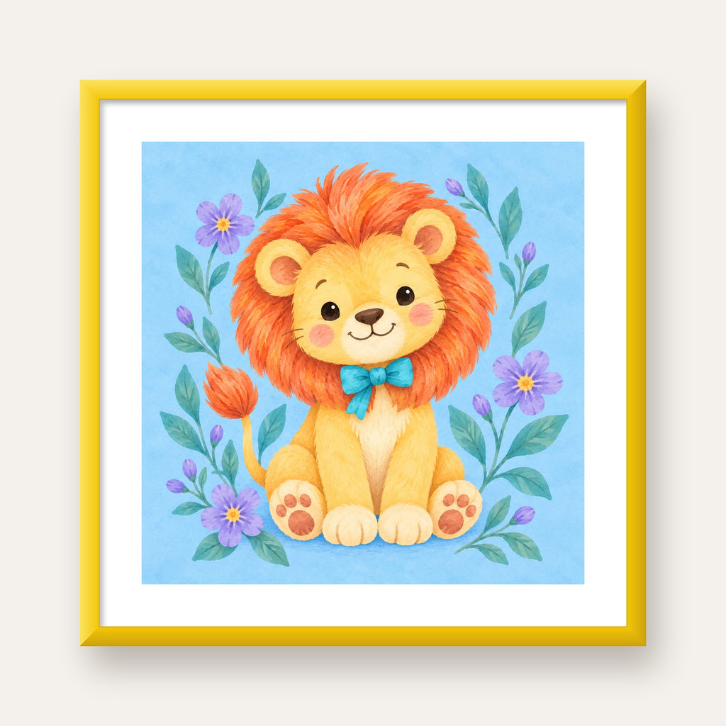 Suluboya Sevimli Aslan Poster – Çiçekli Çocuk Odası Tablosu — sarı çerçeveli paspartulu