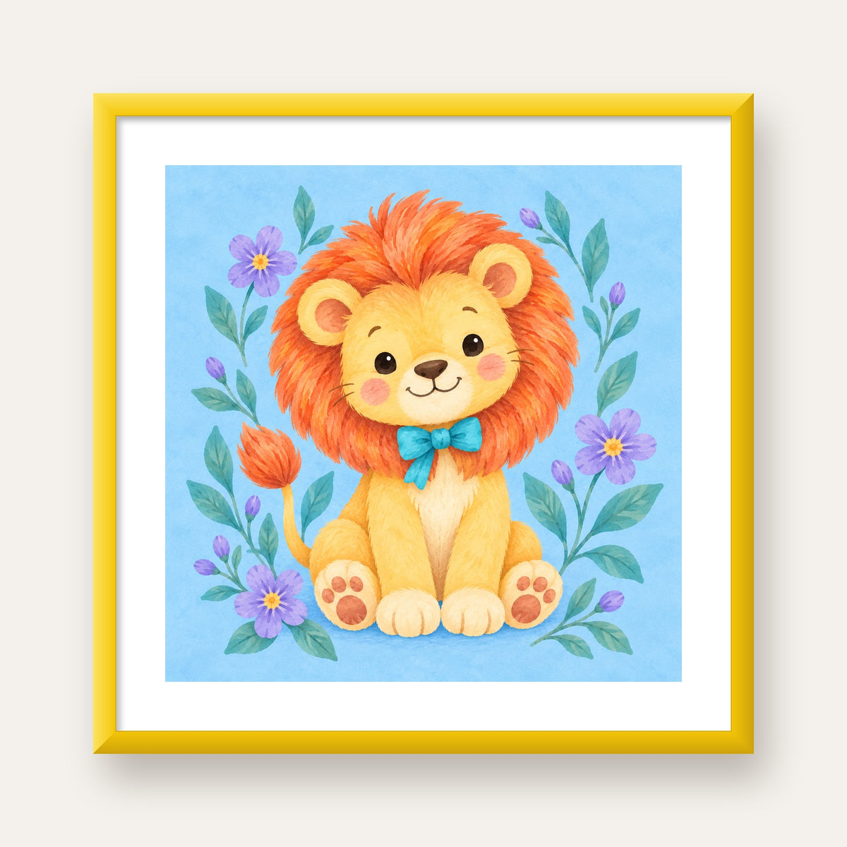 Suluboya Sevimli Aslan Poster – Çiçekli Çocuk Odası Tablosu — sarı çerçeveli paspartulu