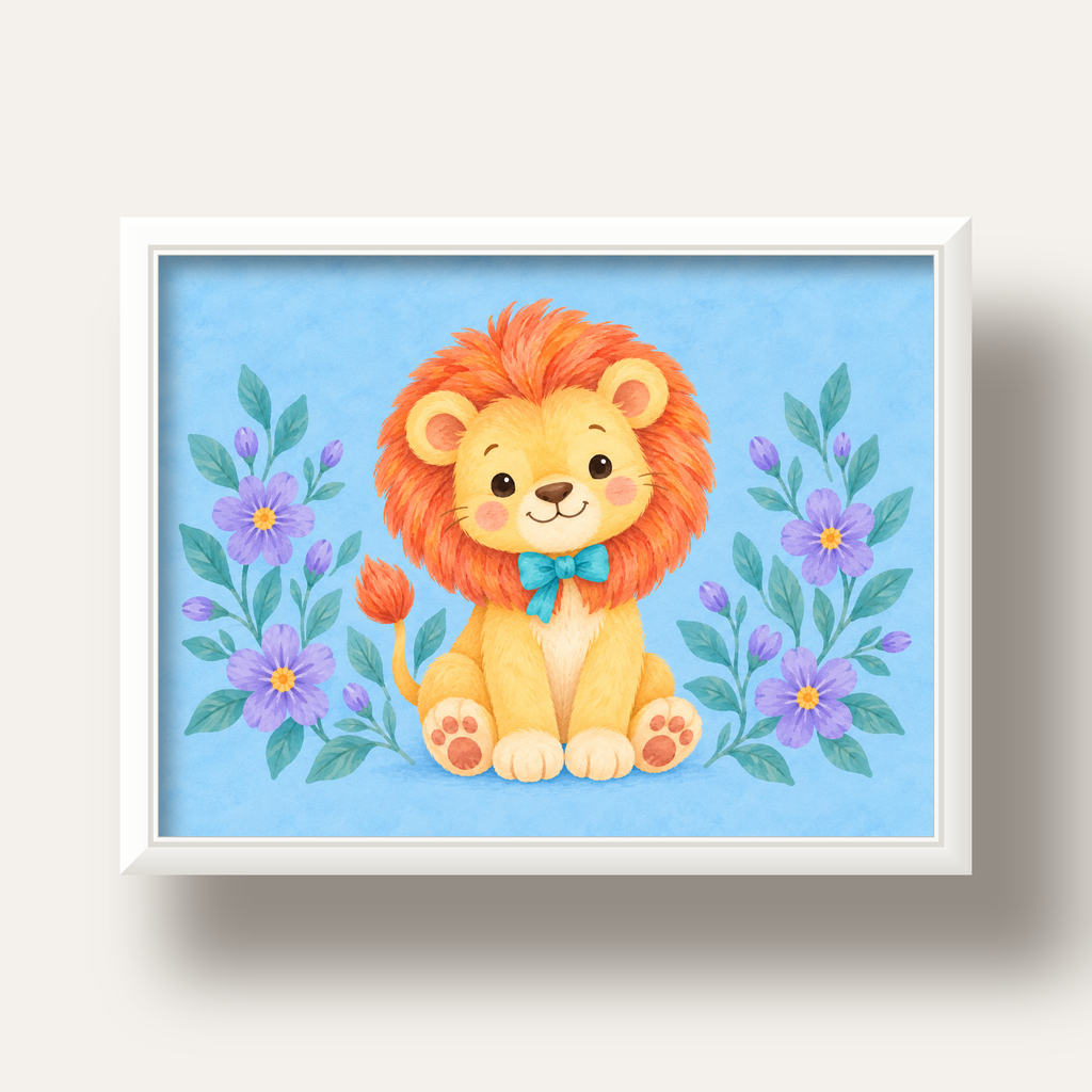 Suluboya Sevimli Aslan Poster – Çiçekli Çocuk Odası Tablosu — beyaz derin çerçeveli