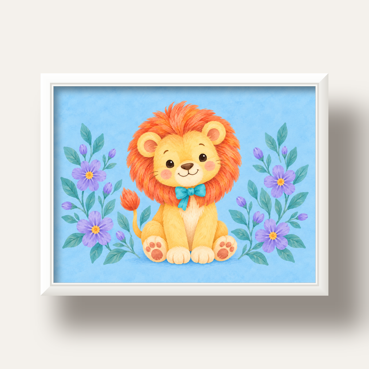 Suluboya Sevimli Aslan Poster – Çiçekli Çocuk Odası Tablosu — beyaz derin çerçeveli