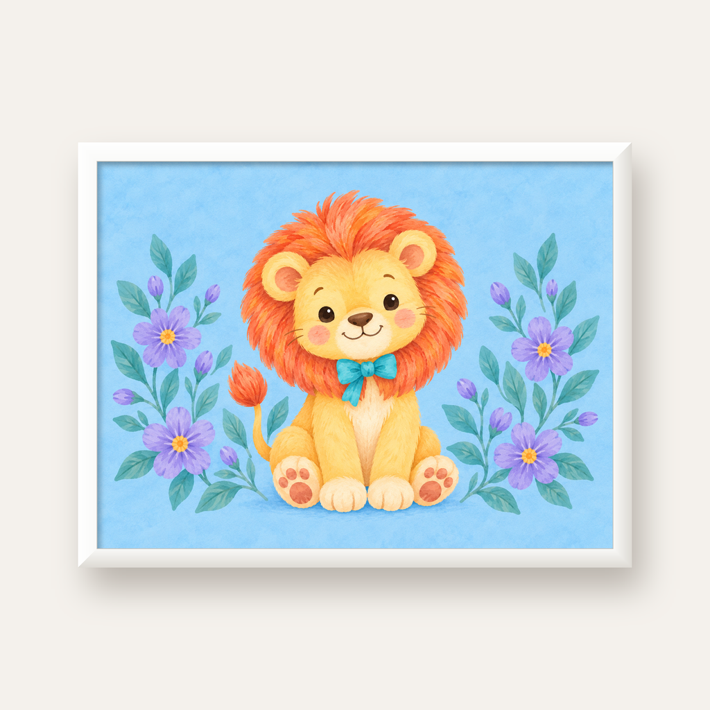 Suluboya Sevimli Aslan Poster – Çiçekli Çocuk Odası Tablosu — beyaz çerçeveli yatay poster