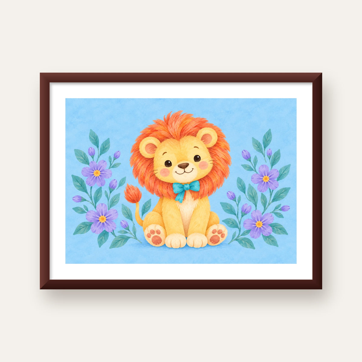 Suluboya Sevimli Aslan Poster – Çiçekli Çocuk Odası Tablosu — ceviz çerçeveli paspartulu