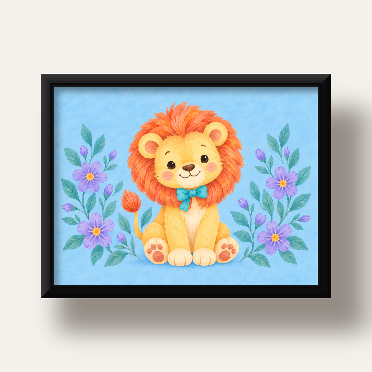 Suluboya Sevimli Aslan Poster – Çiçekli Çocuk Odası Tablosu — siyah derin çerçeveli