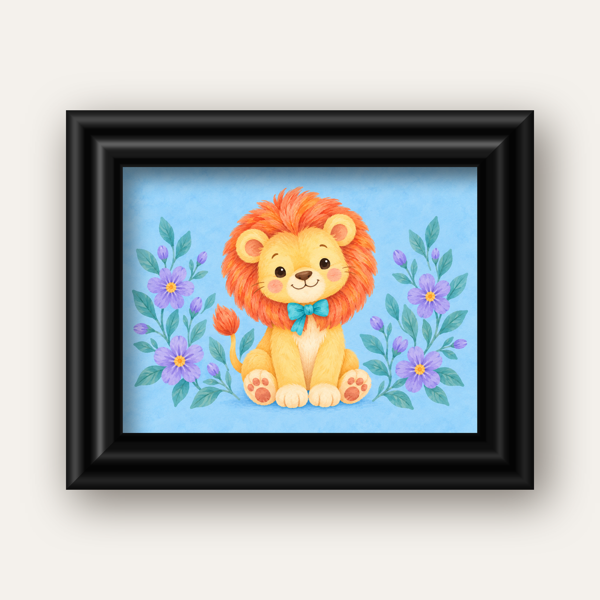 Suluboya Sevimli Aslan Poster – Çiçekli Çocuk Odası Tablosu — siyah galeri çerçeveli