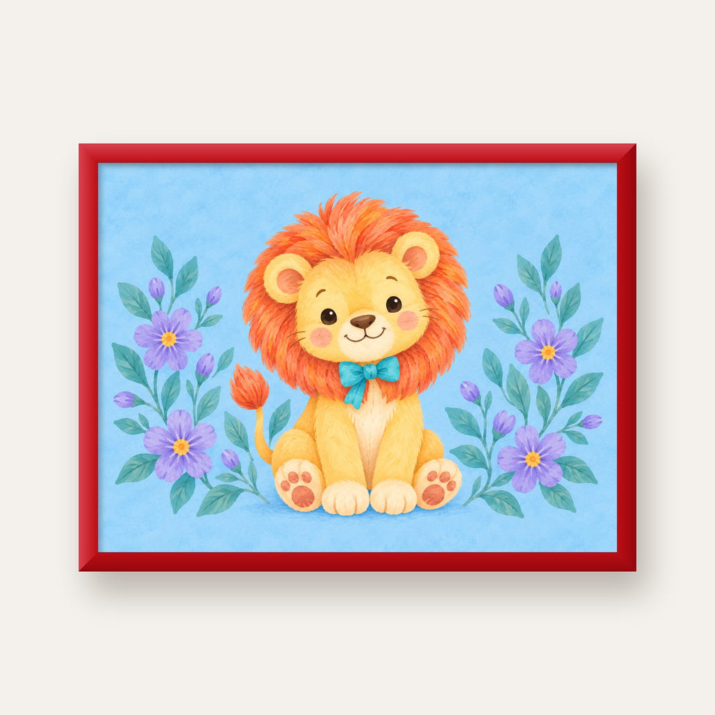 Suluboya Sevimli Aslan Poster – Çiçekli Çocuk Odası Tablosu — kırmızı çerçeveli