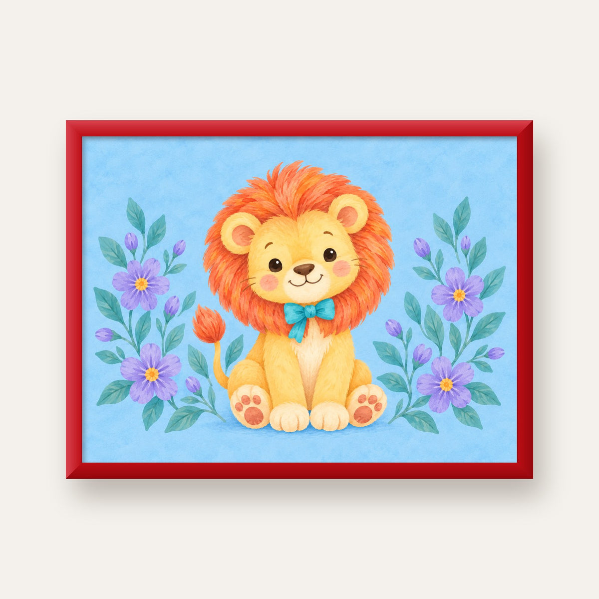Suluboya Sevimli Aslan Poster – Çiçekli Çocuk Odası Tablosu — kırmızı çerçeveli