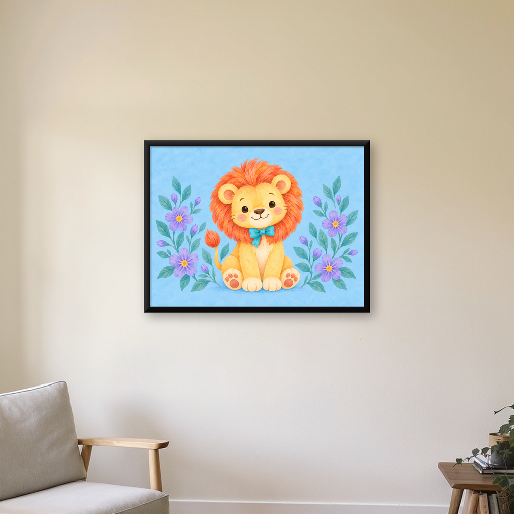 Suluboya Sevimli Aslan Poster – Çiçekli Çocuk Odası Tablosu — Yatay baskı, çerçeveli hâliyle bir ev duvarında