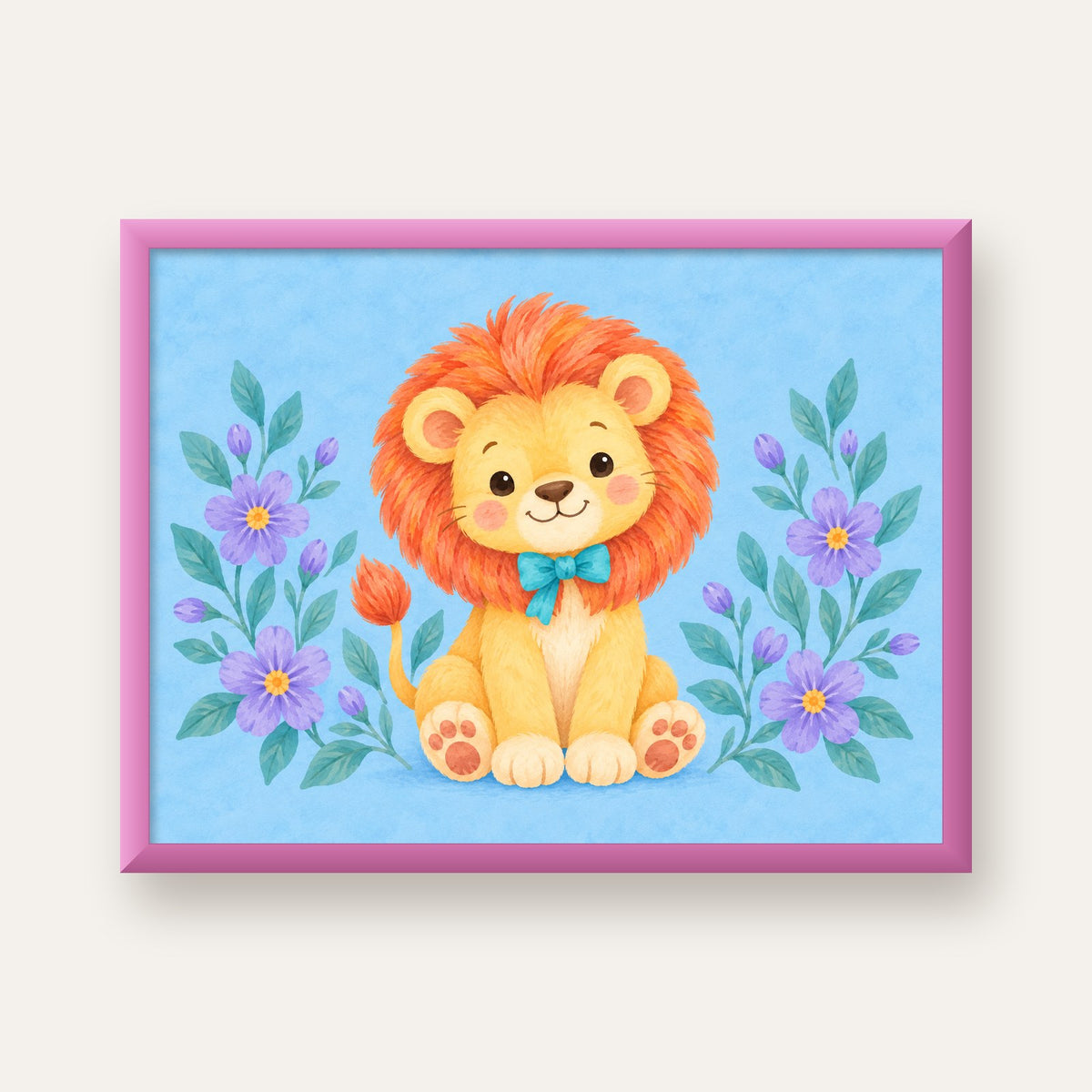 Suluboya Sevimli Aslan Poster – Çiçekli Çocuk Odası Tablosu — pembe çerçeveli