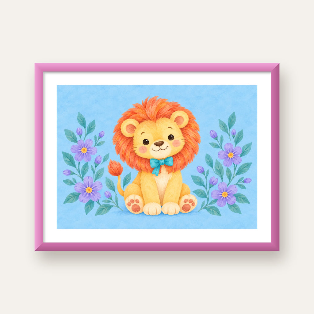 Suluboya Sevimli Aslan Poster – Çiçekli Çocuk Odası Tablosu — pembe çerçeveli paspartulu