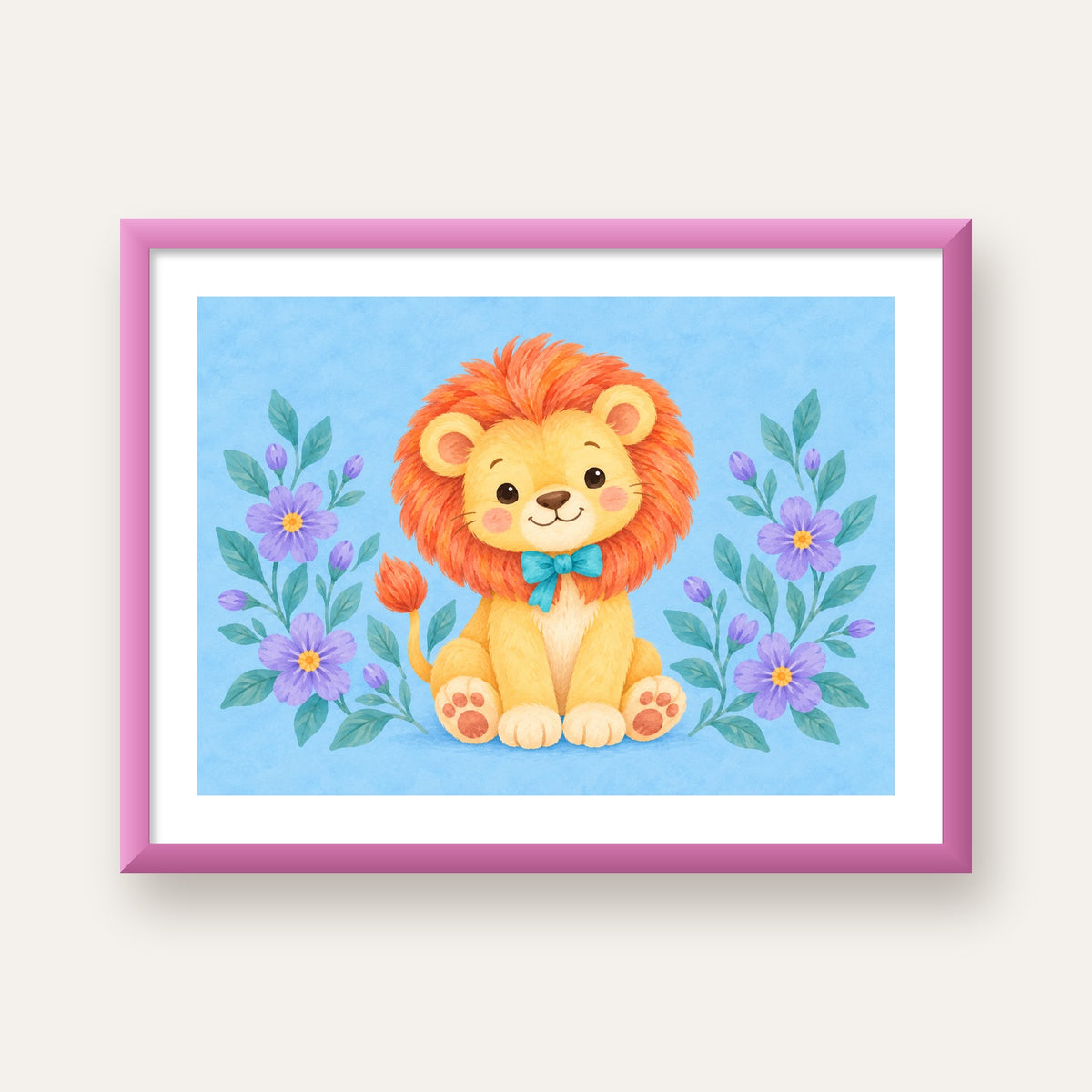 Suluboya Sevimli Aslan Poster – Çiçekli Çocuk Odası Tablosu — pembe çerçeveli paspartulu