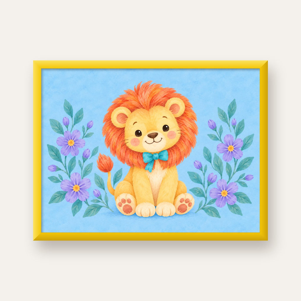 Suluboya Sevimli Aslan Poster – Çiçekli Çocuk Odası Tablosu — sarı çerçeveli