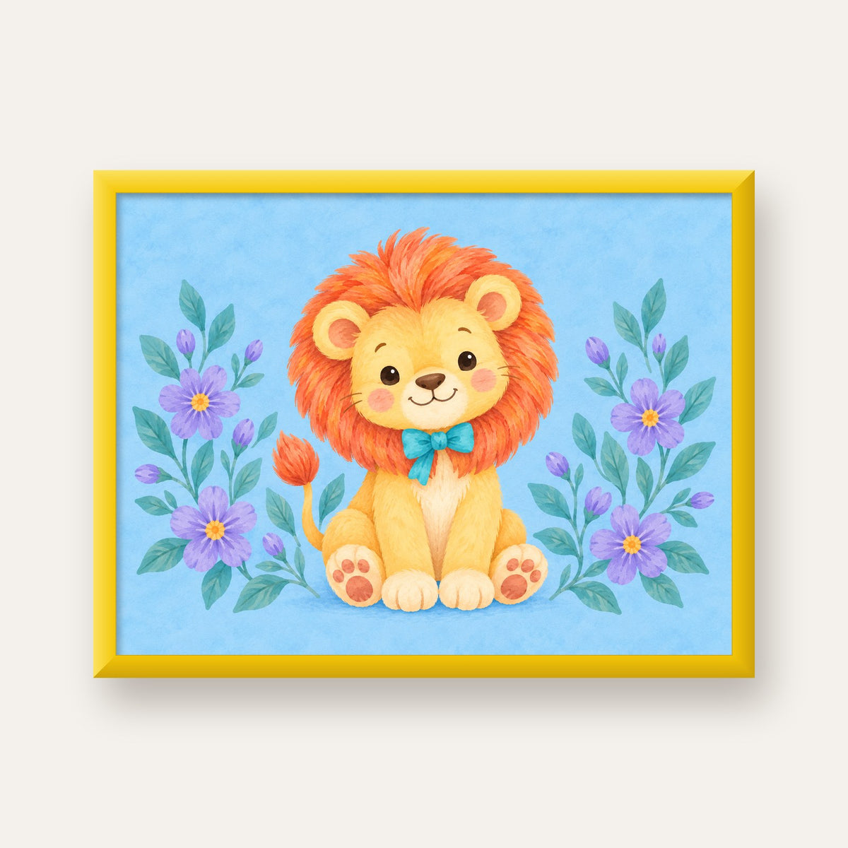 Suluboya Sevimli Aslan Poster – Çiçekli Çocuk Odası Tablosu — sarı çerçeveli