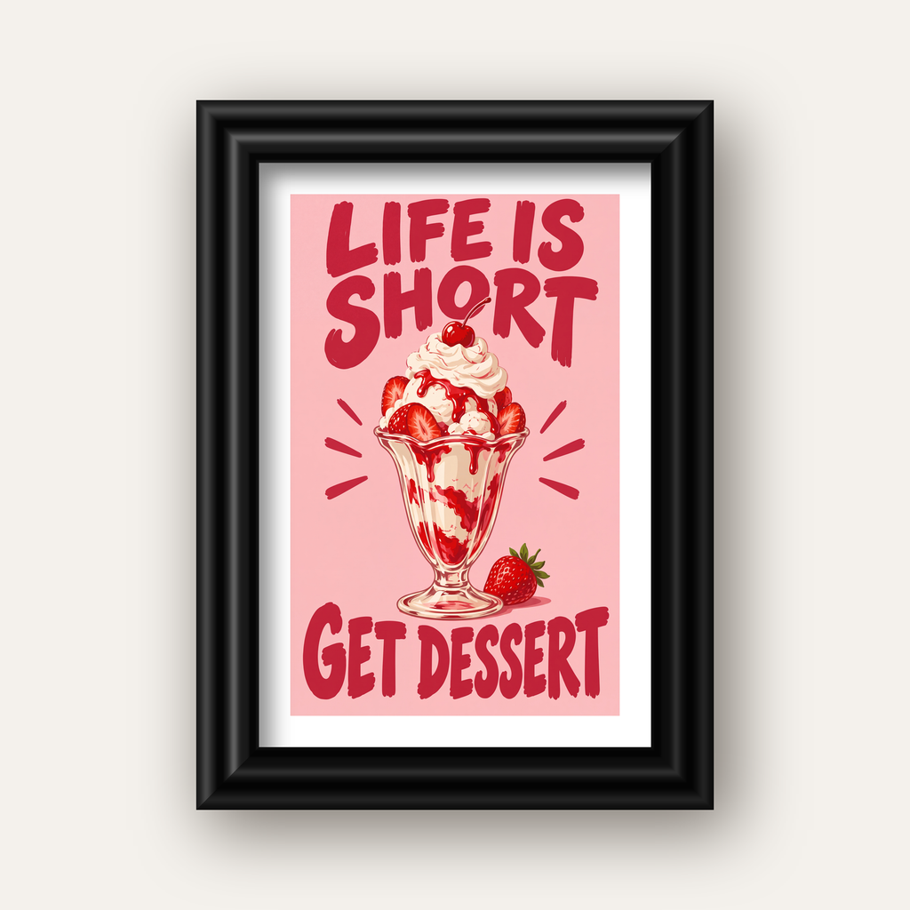 Life is Short Get Dessert – Çilekli Dondurma Retro Poster — siyah galeri çerçeveli paspartulu