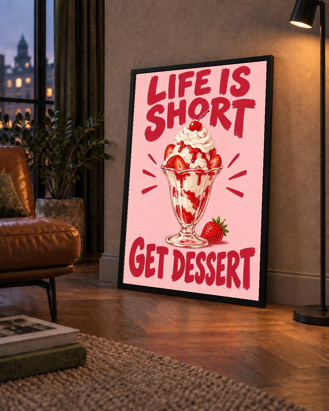Life is Short Get Dessert – Çilekli Dondurma Retro Poster