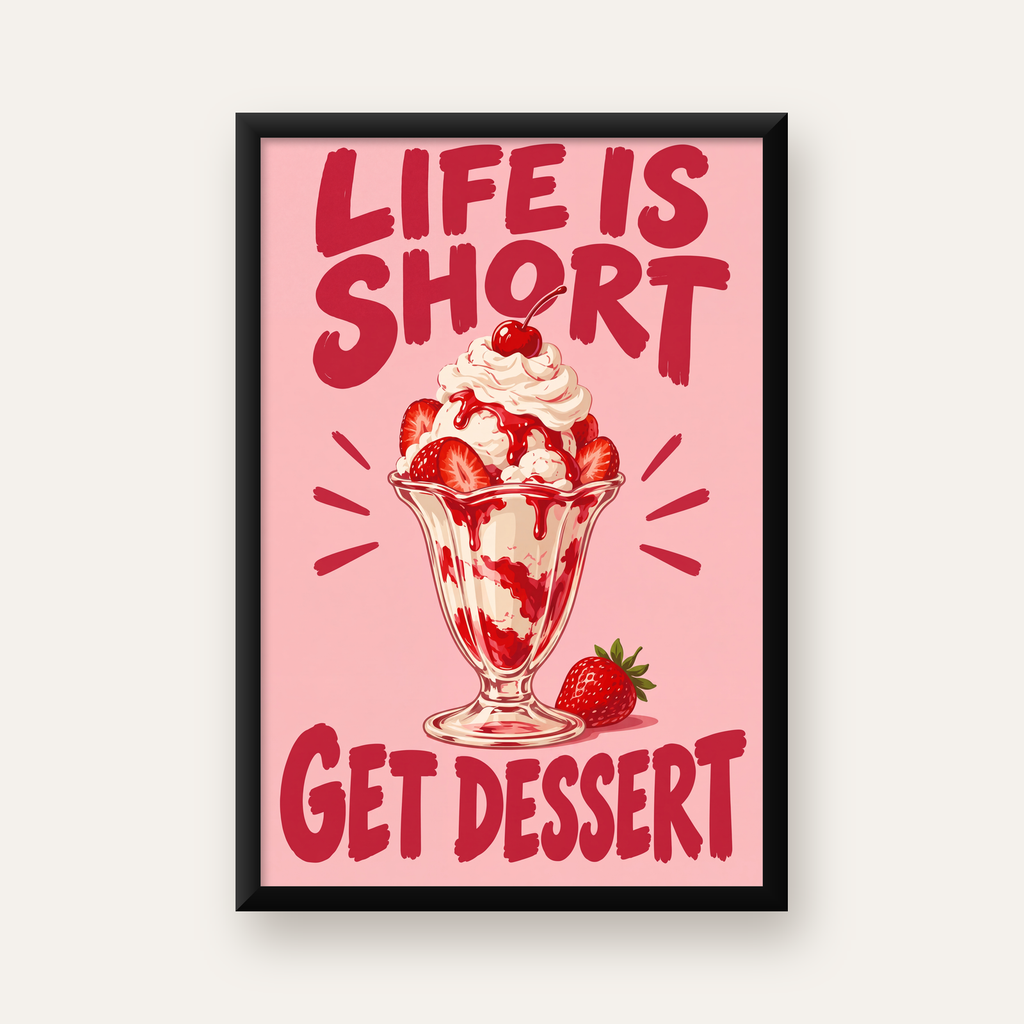 Life is Short Get Dessert – Çilekli Dondurma Retro Poster — düz siyah çerçeveli duvar posteri