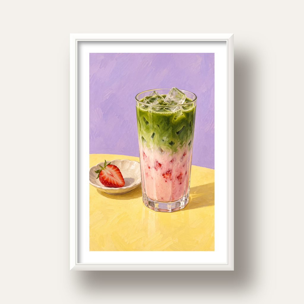 Çilekli Matcha Latte Yağlı Boya Poster – Canlı Renkli İçecek Sanatı — beyaz derin çerçeveli paspartulu