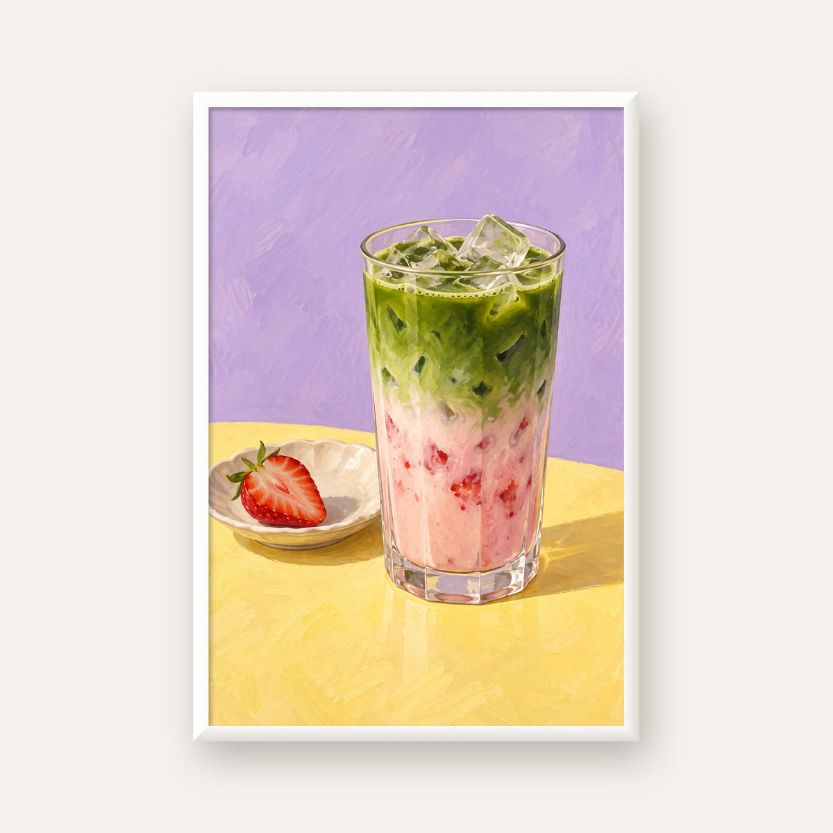 Çilekli Matcha Latte Yağlı Boya Poster – Canlı Renkli İçecek Sanatı — beyaz çerçeveli dikey poster