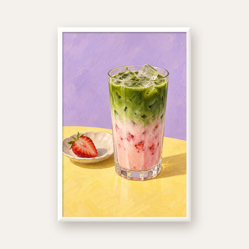 Çilekli Matcha Latte Yağlı Boya Poster – Canlı Renkli İçecek Sanatı — beyaz çerçeveli dikey poster