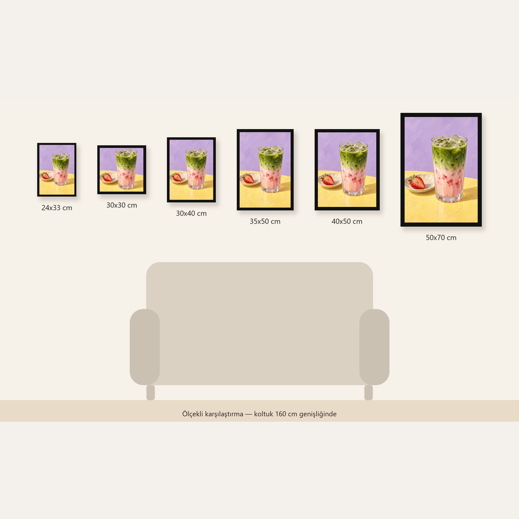 Çilekli Matcha Latte Yağlı Boya Poster – Canlı Renkli İçecek Sanatı — 24×33 cm'den 50×70 cm'e, altı ölçünün karşılaştırması
