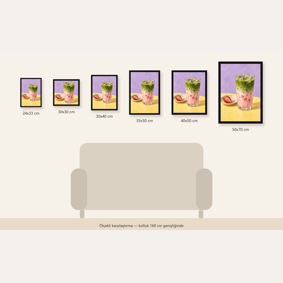 Çilekli Matcha Latte Yağlı Boya Poster – Canlı Renkli İçecek Sanatı — 24×33 cm'den 50×70 cm'e, altı ölçünün karşılaştırması