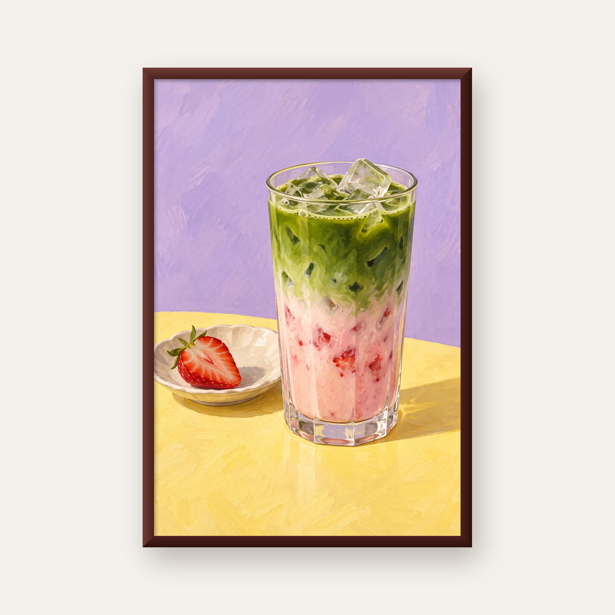 Çilekli Matcha Latte Yağlı Boya Poster – Canlı Renkli İçecek Sanatı — ceviz çerçeveli