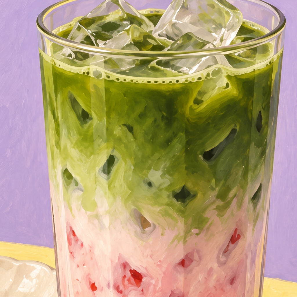Çilekli Matcha Latte Yağlı Boya Poster – Canlı Renkli İçecek Sanatı — baskının yakın çekimi, kâğıt dokusu ve renk detayı