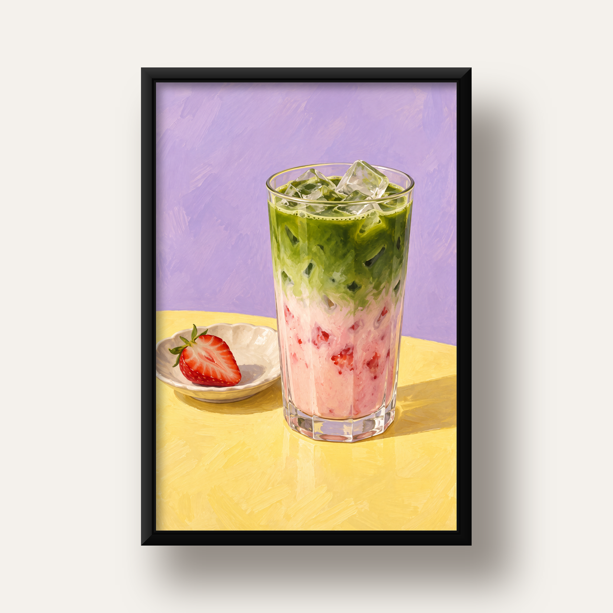 Çilekli Matcha Latte Yağlı Boya Poster – Canlı Renkli İçecek Sanatı — siyah derin çerçeveli