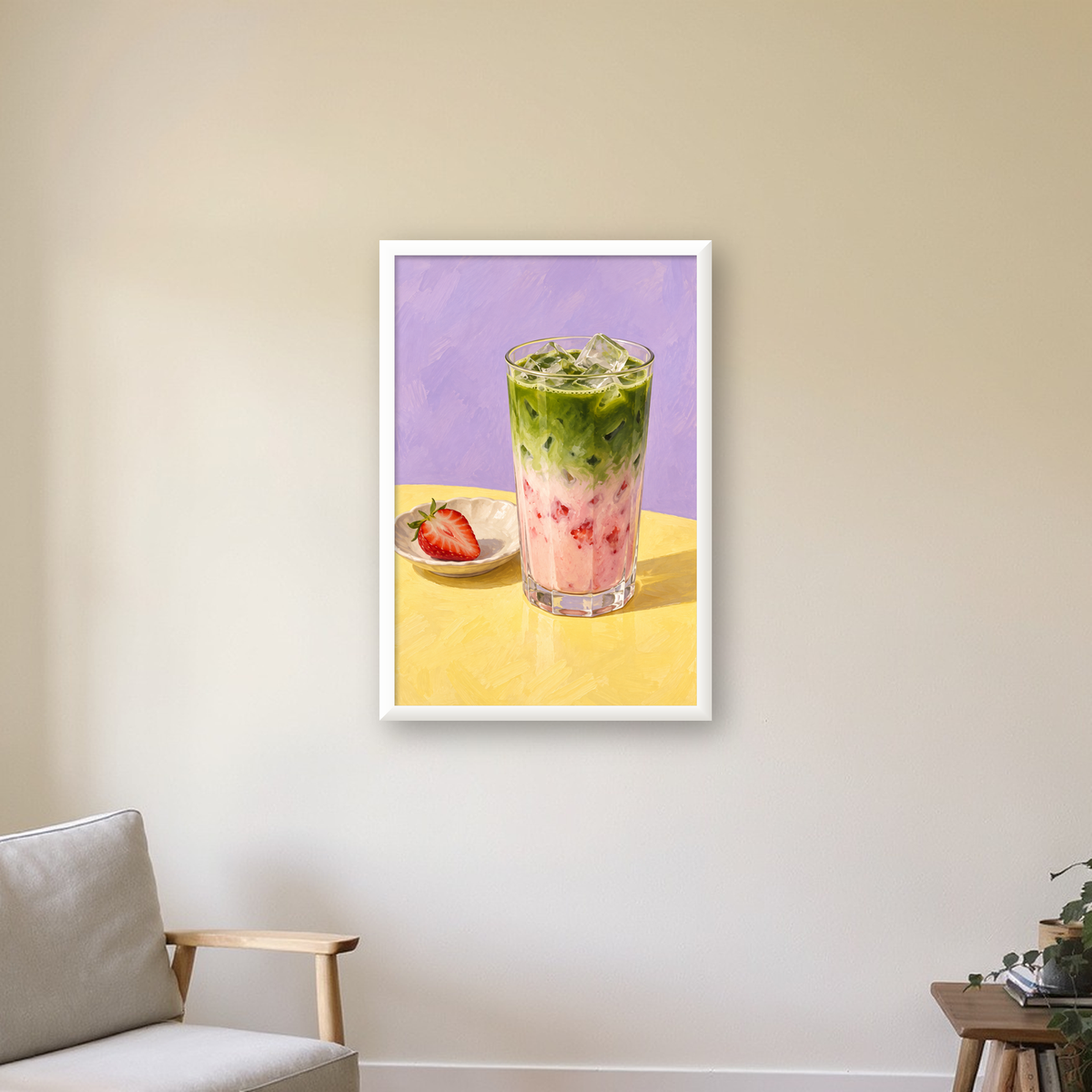 Çilekli Matcha Latte Yağlı Boya Poster – Canlı Renkli İçecek Sanatı — beyaz çerçeveli dikey poster