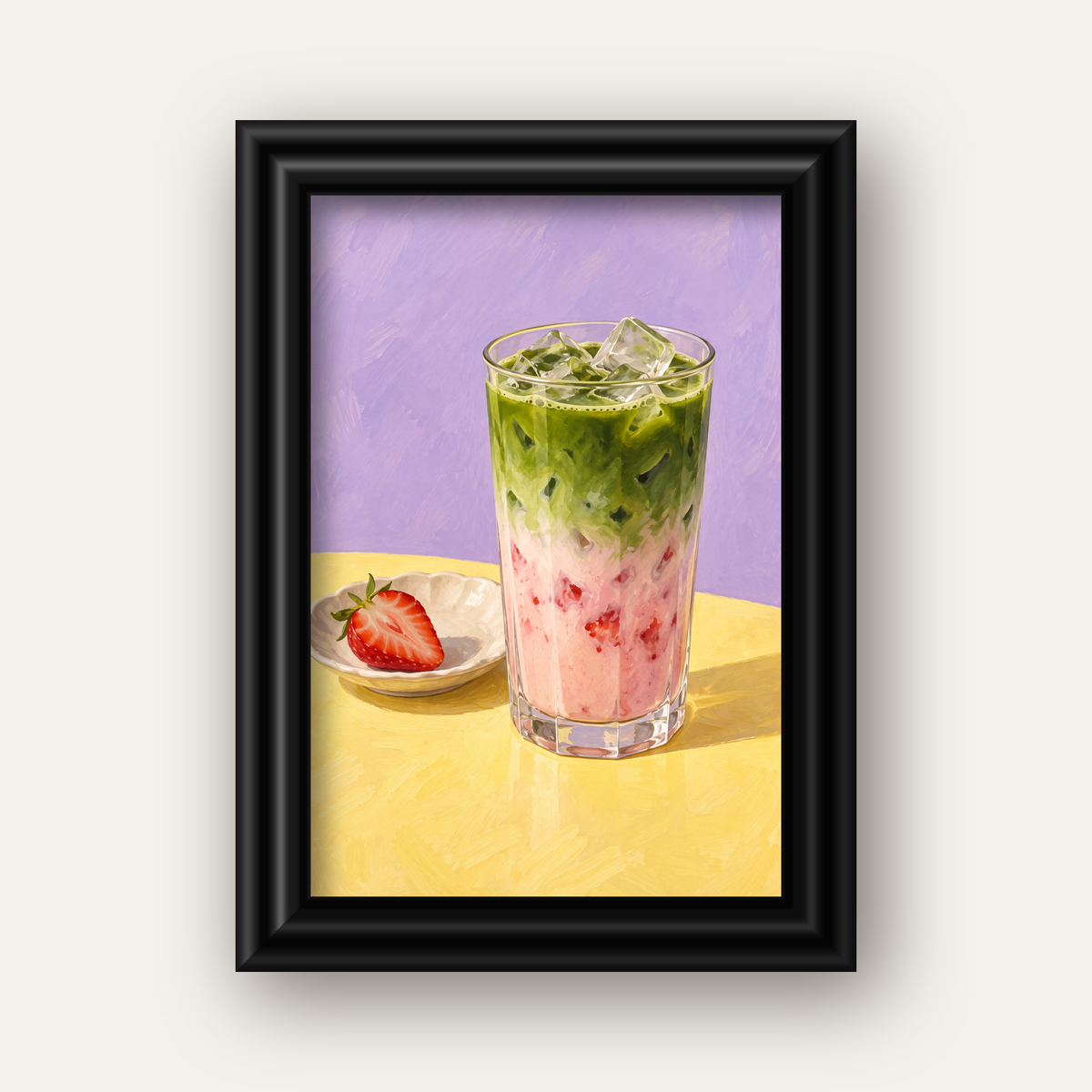 Çilekli Matcha Latte Yağlı Boya Poster – Canlı Renkli İçecek Sanatı — siyah galeri çerçeveli