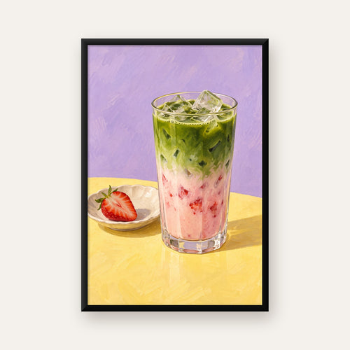 Çilekli Matcha Latte Yağlı Boya Poster – Canlı Renkli İçecek Sanatı — ceviz çerçeveli