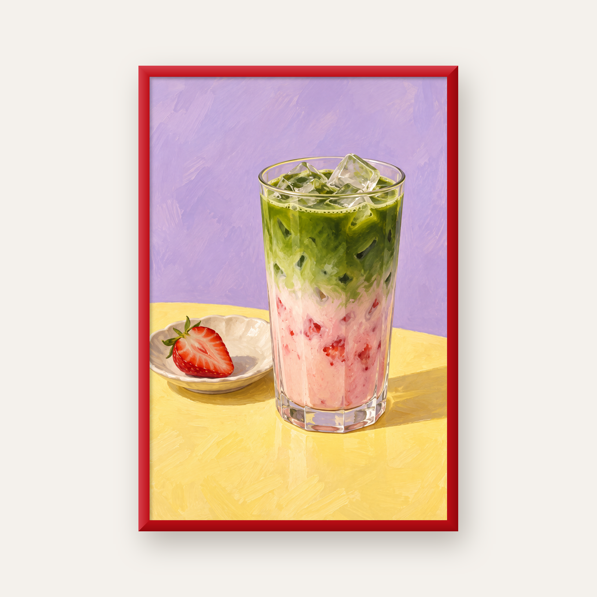 Çilekli Matcha Latte Yağlı Boya Poster – Canlı Renkli İçecek Sanatı — kırmızı çerçeveli