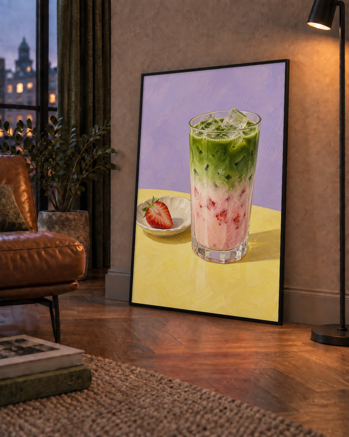 Çilekli Matcha Latte Yağlı Boya Poster – Canlı Renkli İçecek Sanatı — çerçeveli hâliyle bir ev duvarında