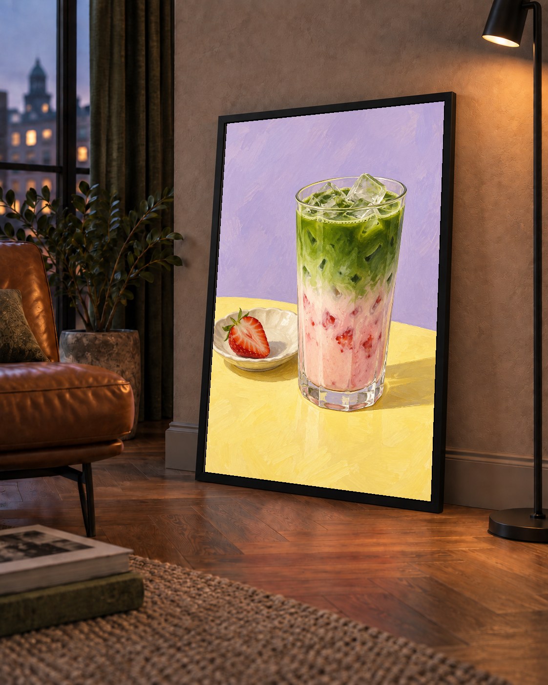 Çilekli Matcha Latte Yağlı Boya Poster – Canlı Renkli İçecek Sanatı