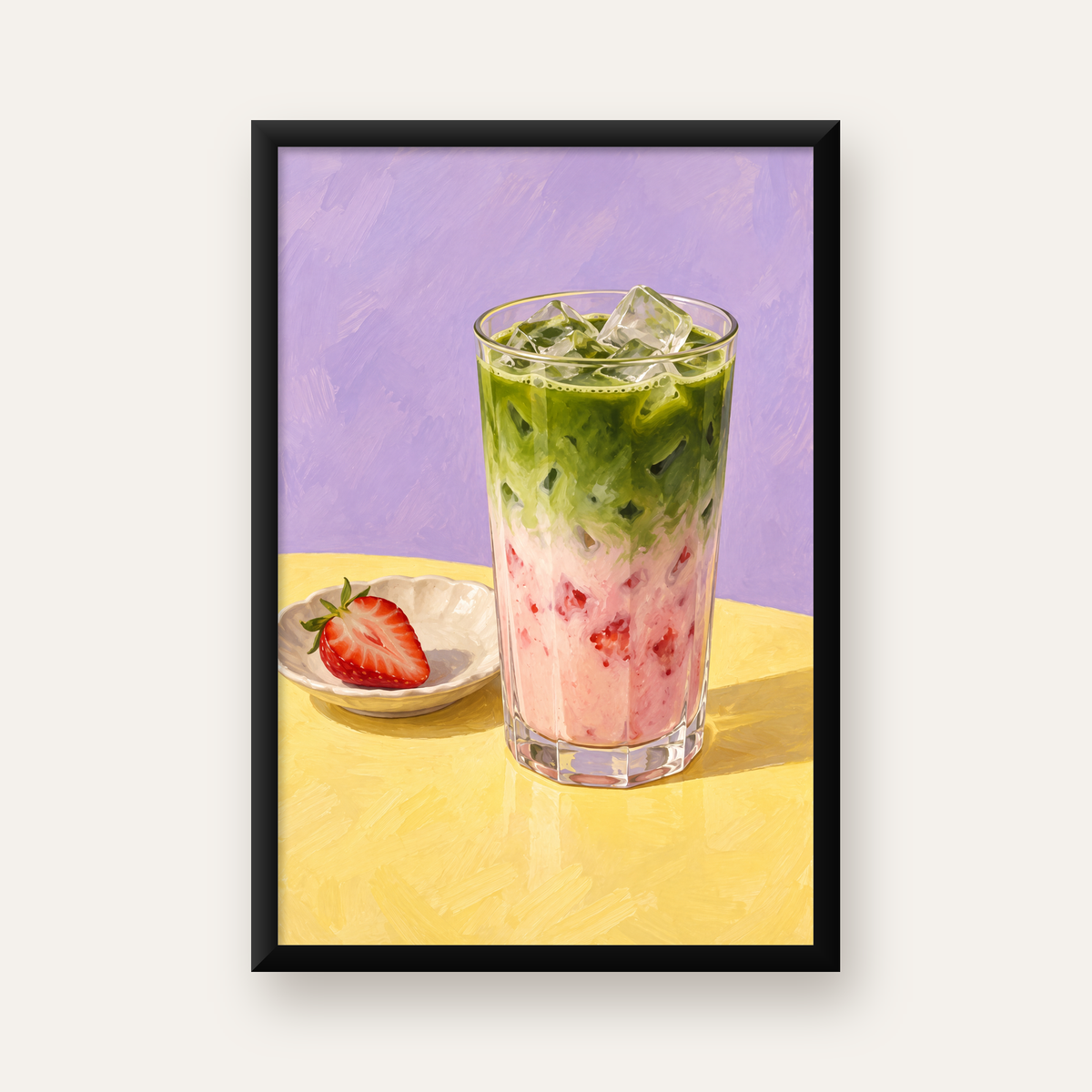 Çilekli Matcha Latte Yağlı Boya Poster – Canlı Renkli İçecek Sanatı — düz siyah çerçeveli duvar posteri