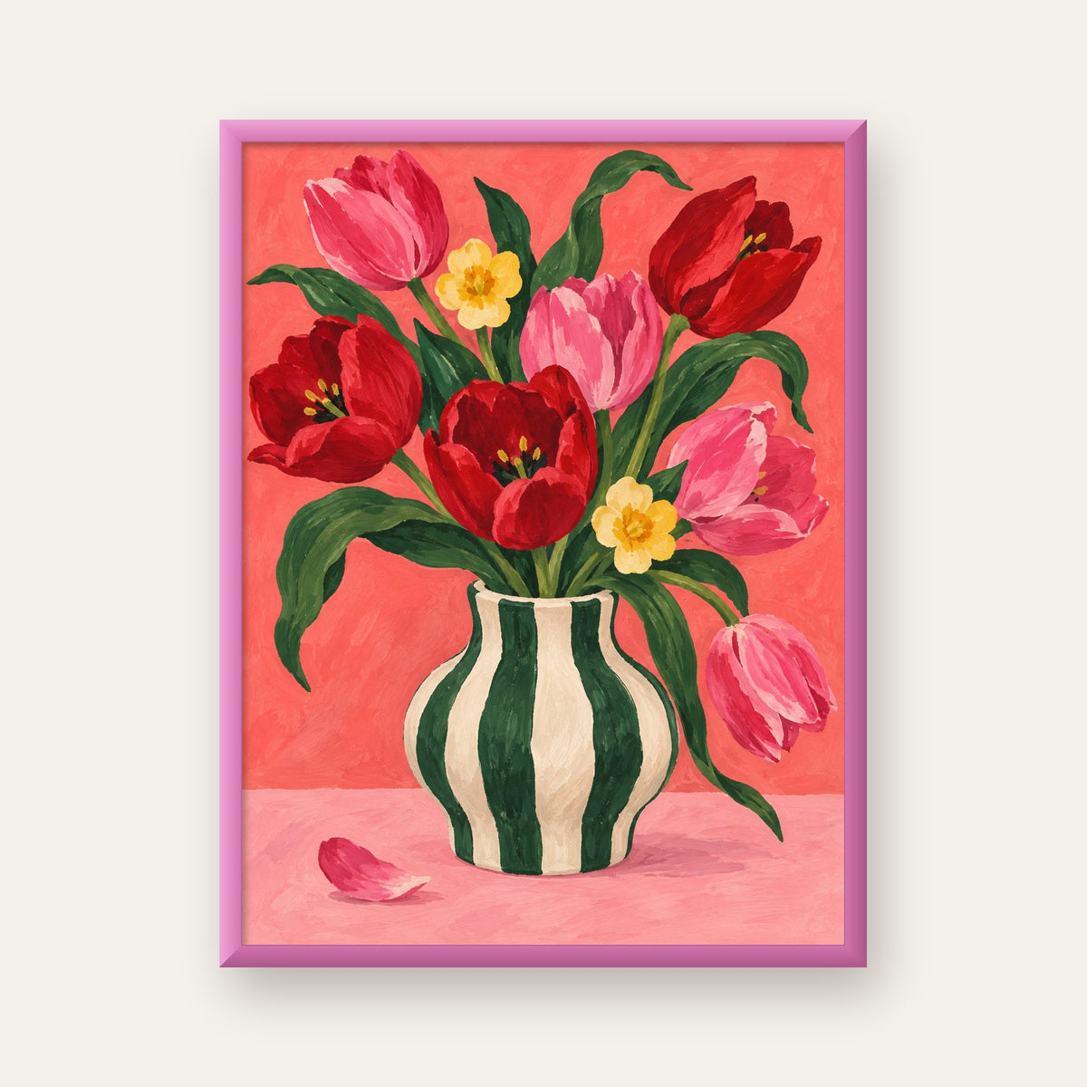 Vazoda Laleler ve Çiçekler Akrilik Tablo Poster — pembe çerçeveli